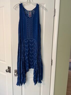 Johnny Was Blue Embroidered Tank dress handkerchief hem